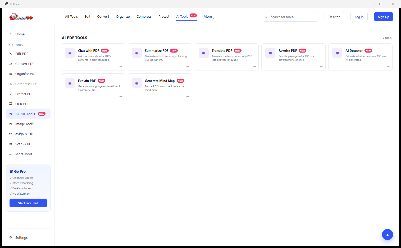 PDF++ AI PDF Tools selected in the left sidebar showing the same seven AI tools with the sidebar item highlighted in blue