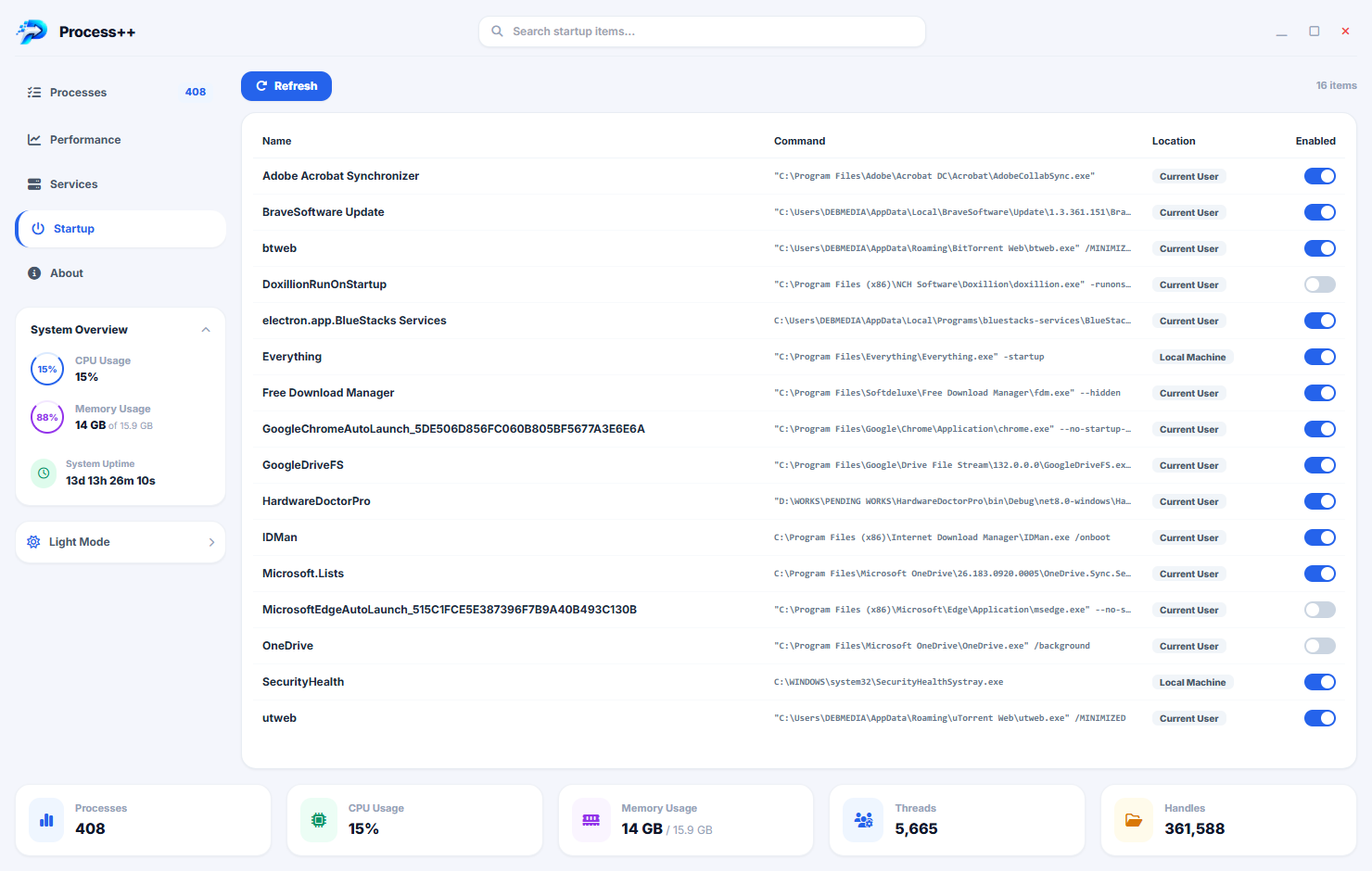 Process++ services tab listing all Windows services with their status (running/stopped), startup type and the process they run within, with start and stop controls