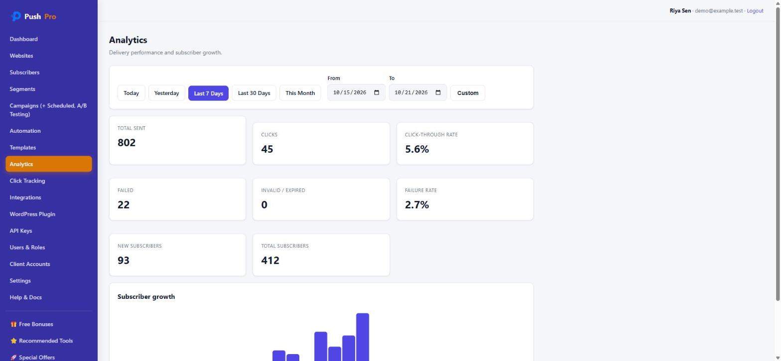 PushPro analytics page with date ranges and delivery KPIs
