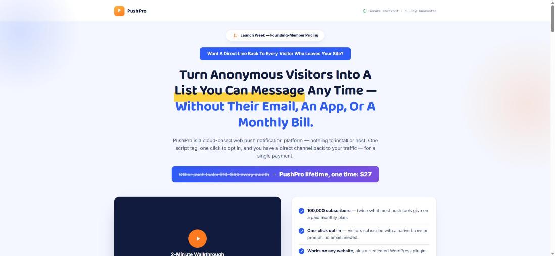 PushPro launch offer page headline and price