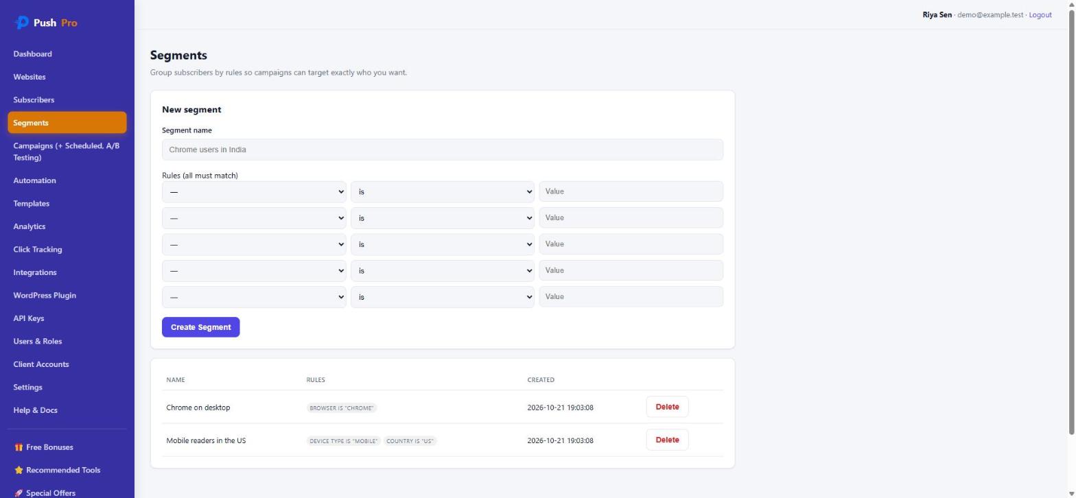 PushPro segment builder with browser, device, country and tag rules
