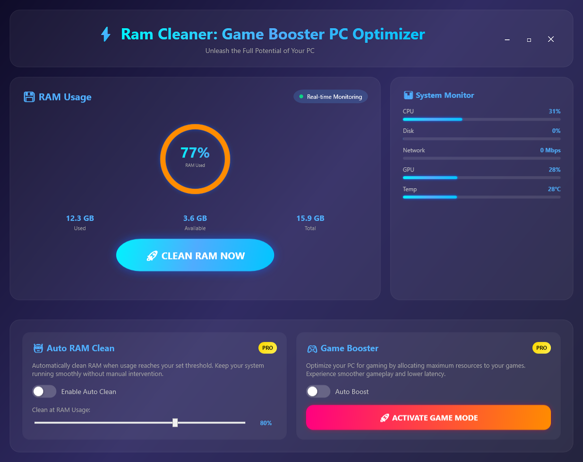 RAM Cleaner Pro main dashboard showing real-time RAM usage statistics and the one-click clean button