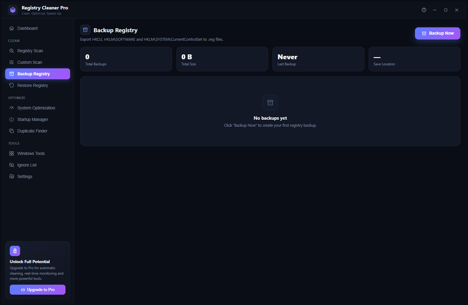 Registry Cleaner Pro Backup Registry screen showing no backups yet with Backup Now button