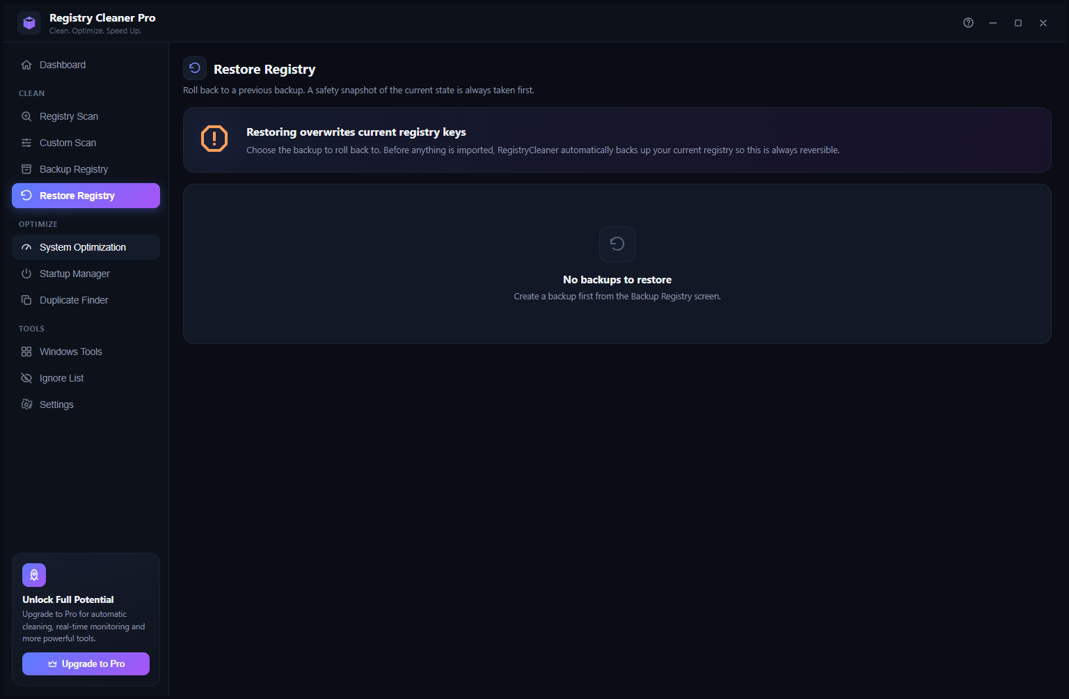 Registry Cleaner Pro Restore Registry screen showing no backups to restore with safety warning