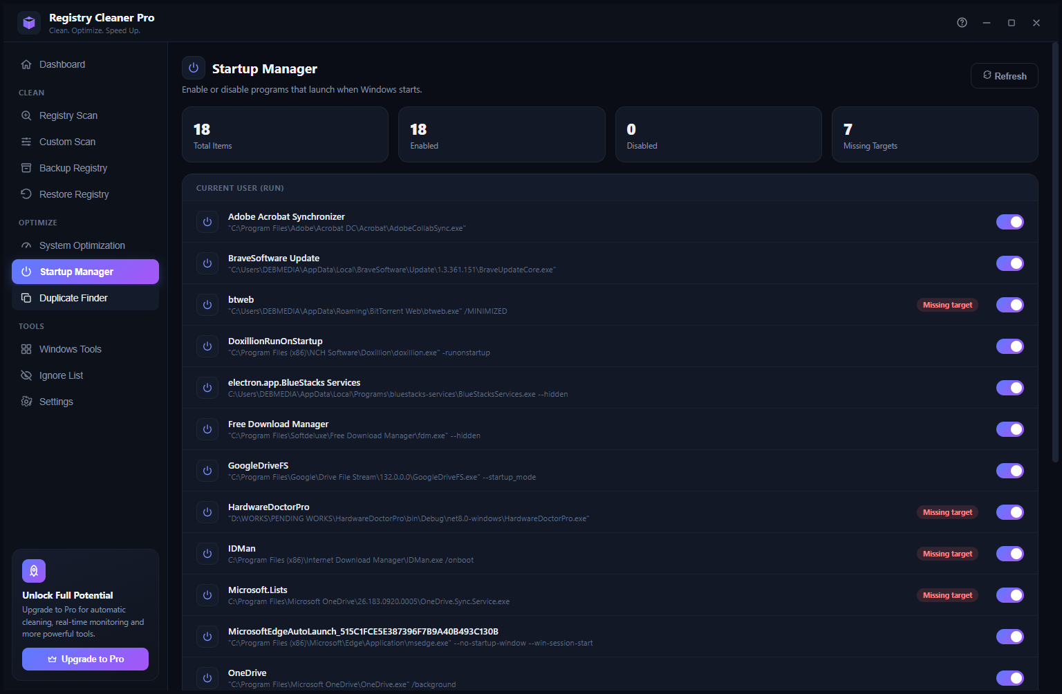 Registry Cleaner Pro Startup Manager listing 18 startup items including Adobe, BraveSoftware, Google Drive and others