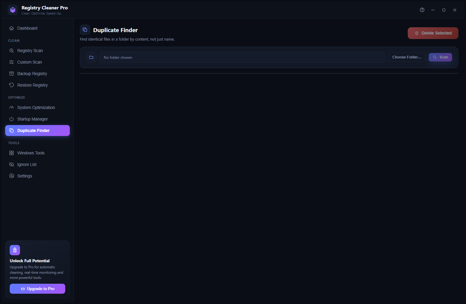 Registry Cleaner Pro Duplicate Finder with folder chooser and Scan button, no folder chosen yet