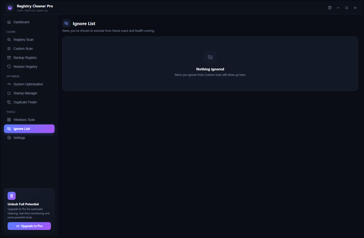 Registry Cleaner Pro Ignore List showing nothing ignored yet