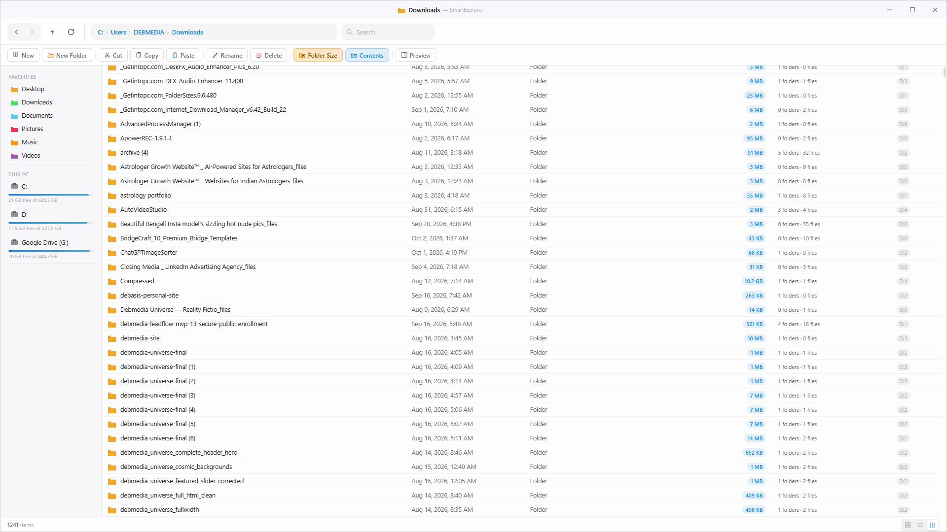 Deb Explorer Contents view showing folder breakdown as X folders Y files for each directory in Downloads