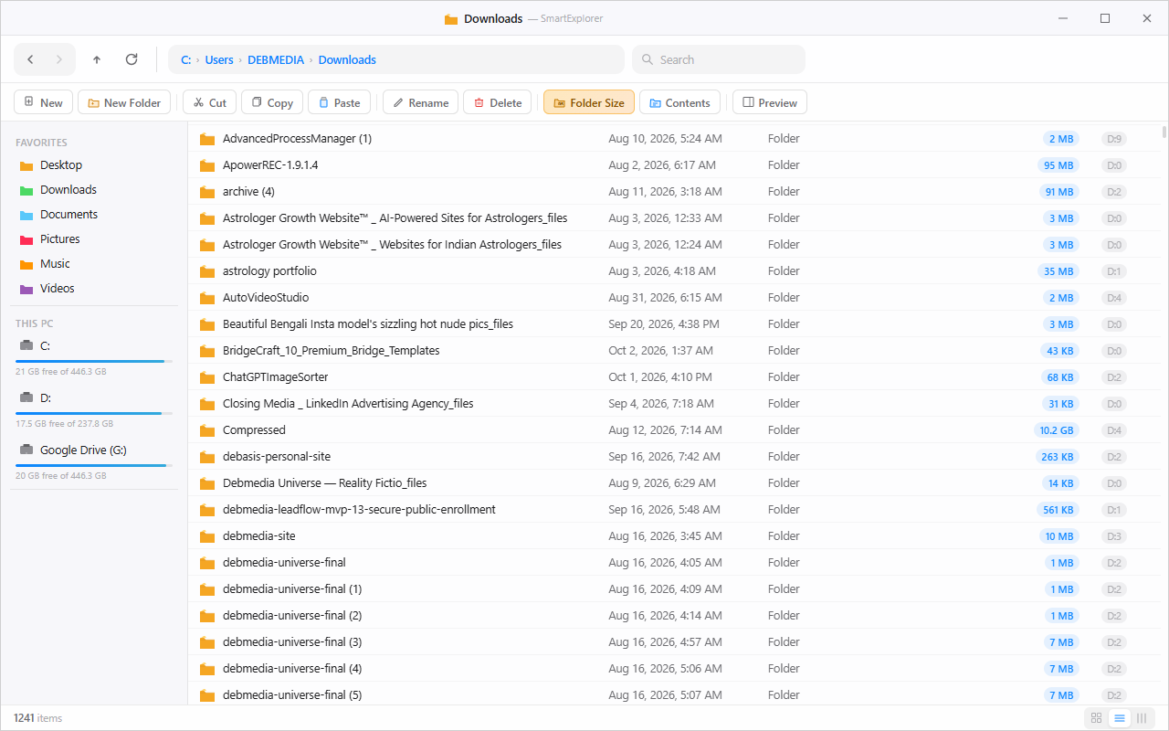Deb Explorer Downloads folder showing folder size and folder depth column side by side