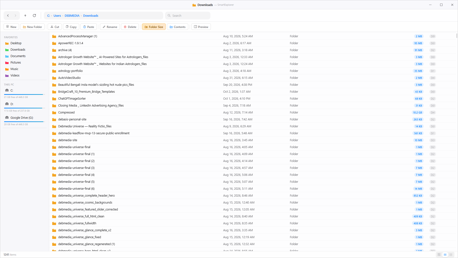 Deb Explorer displaying the Downloads folder with 1241 items and folder size column active