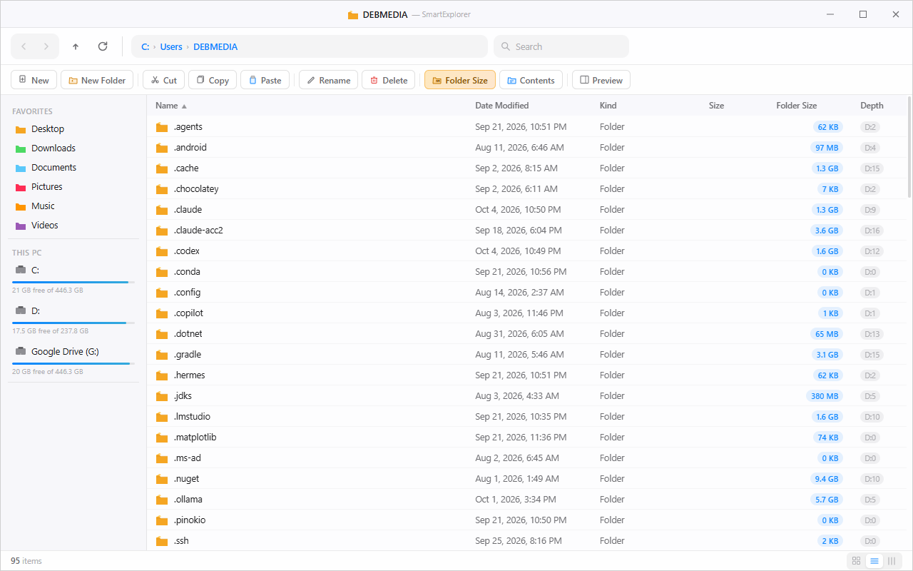 Deb Explorer folder size view showing sizes in MB/GB plus folder depth indicators for each directory