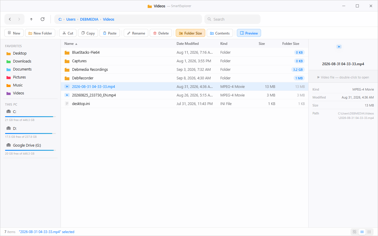 Deb Explorer Videos folder with Preview panel open showing MP4 file metadata on the right
