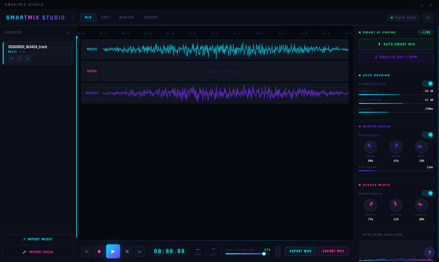 Smart Mix Studio with music track loaded showing cyan waveform and master output computed