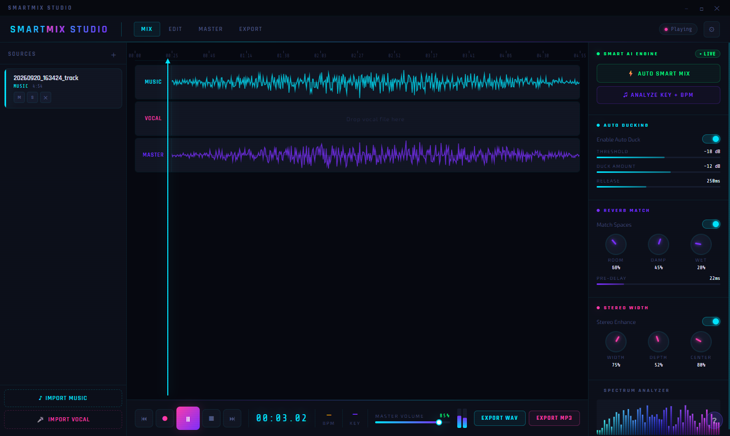 Smart Mix Studio playing back music track with timeline cursor at 3:02 and spectrum analyzer visible