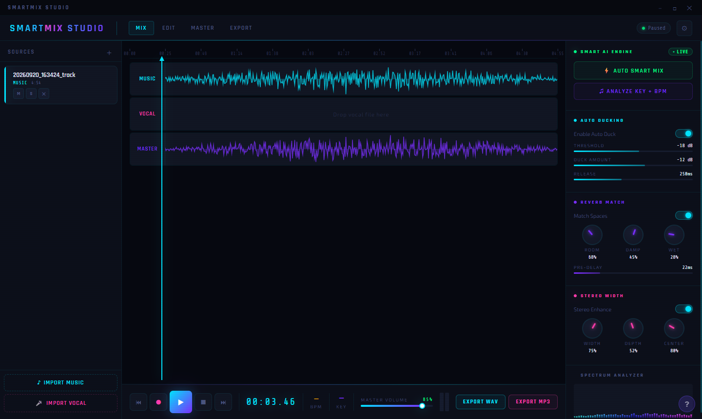 Smart Mix Studio paused at 3:46 after playback with status indicator showing Paused