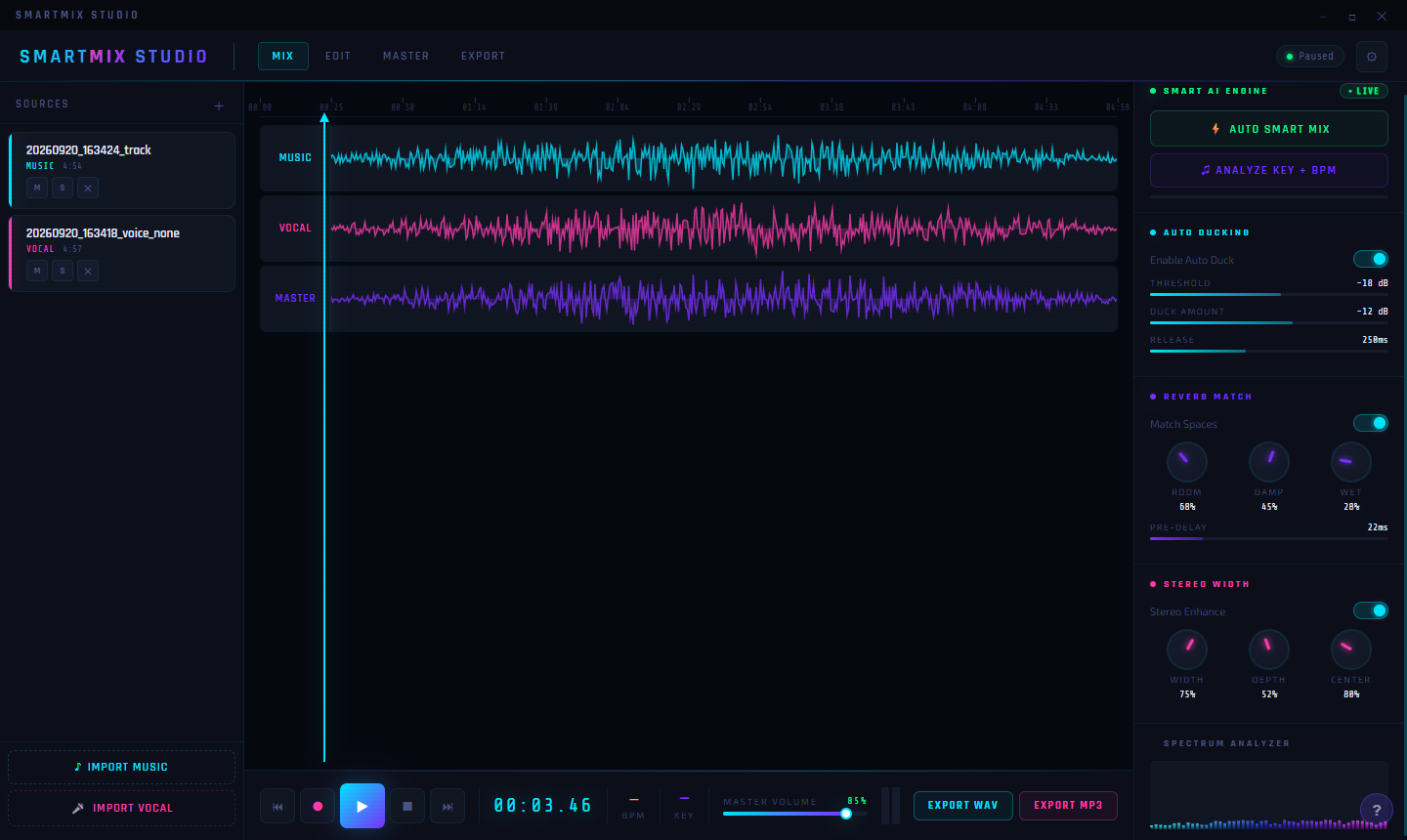 Smart Mix Studio with both music and vocal tracks loaded showing separate cyan and pink waveforms