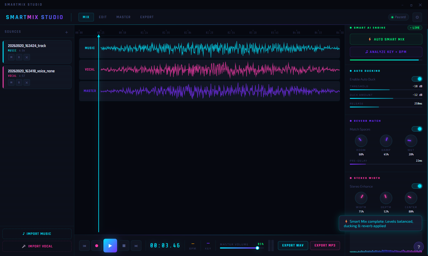 Smart Mix Studio after running Auto Smart Mix, showing completion notification and analyze button highlighted