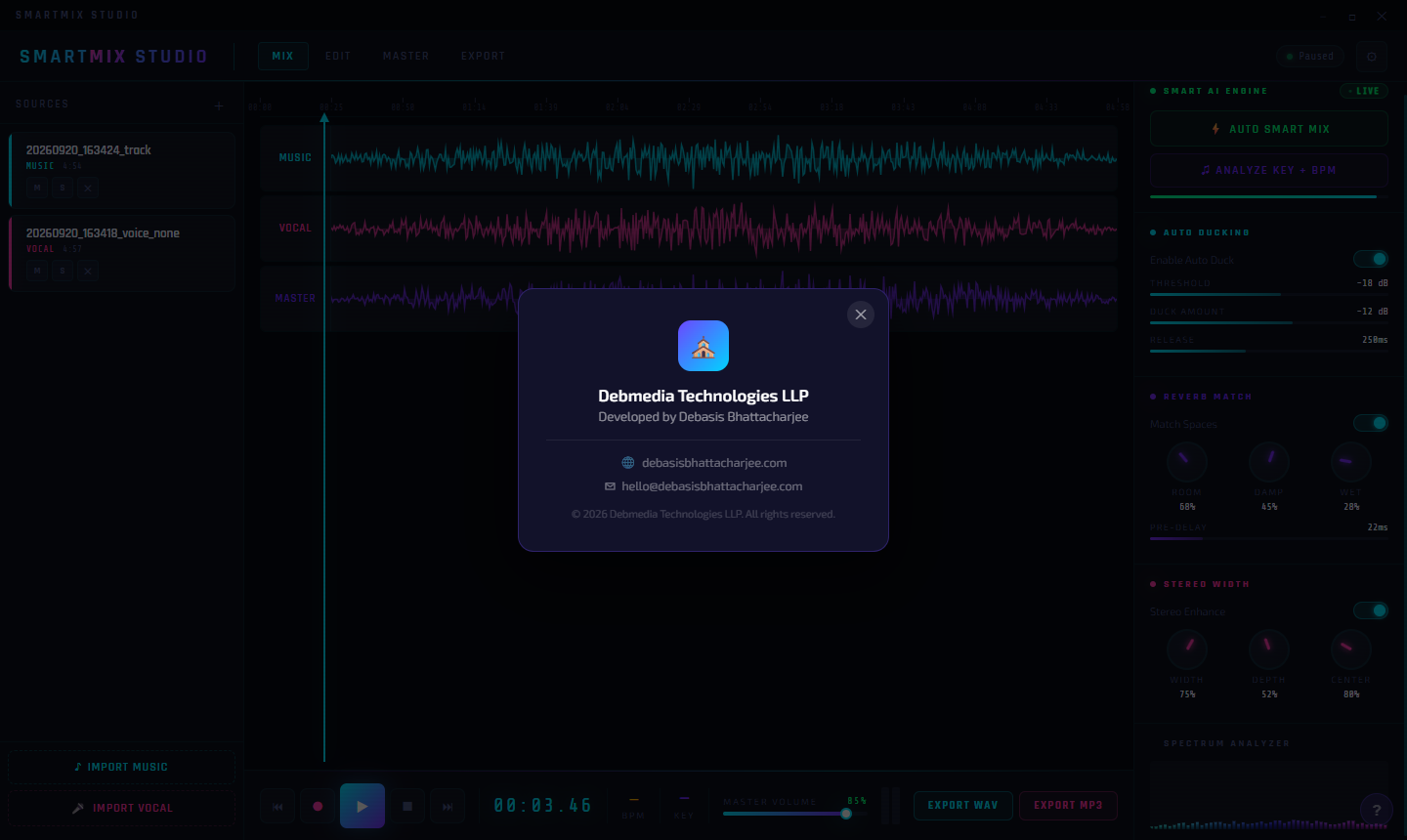 Smart Mix Studio About dialog showing Debmedia Technologies LLP developer credentials
