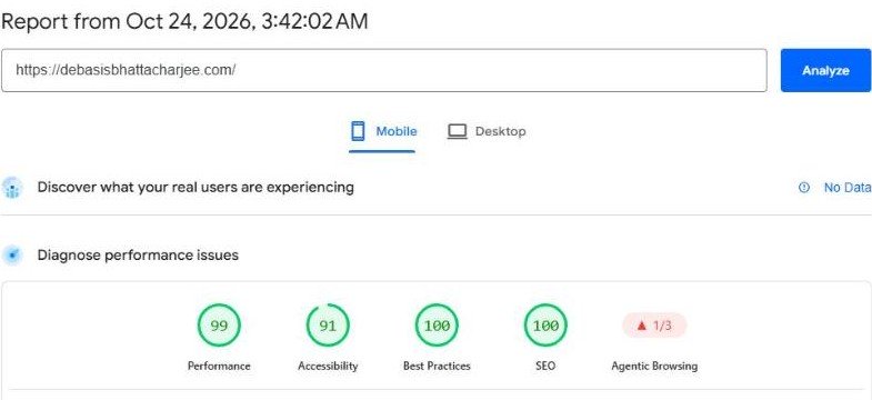 PageSpeed Insights mobile report for the home page: Performance 99, Accessibility 91, Best Practices 100, SEO 100