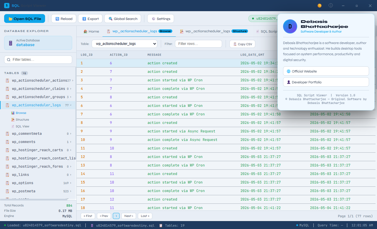 SQL Script Viewer developer view showing the database schema overview including table CREATE statements, indexes, triggers and foreign key relationships
