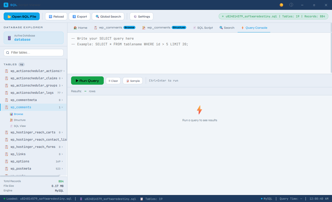 SQL Script Viewer in Light Mode with a white and light grey interface, showing the same database browsing and SQL editing features with a bright colour scheme