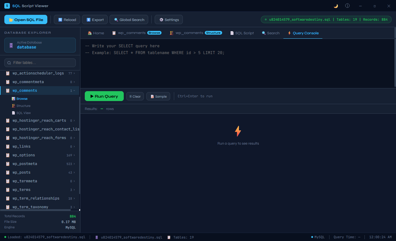 SQL Script Viewer query console with a text input area for SQL queries, a Run button, and results displayed in a grid below the query editor