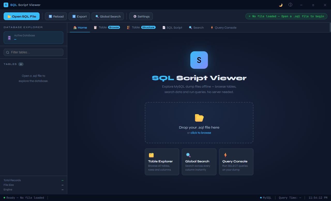 SQL Script Viewer main welcome screen in dark mode with options to open a database file or SQL script, and recent files listed for quick access