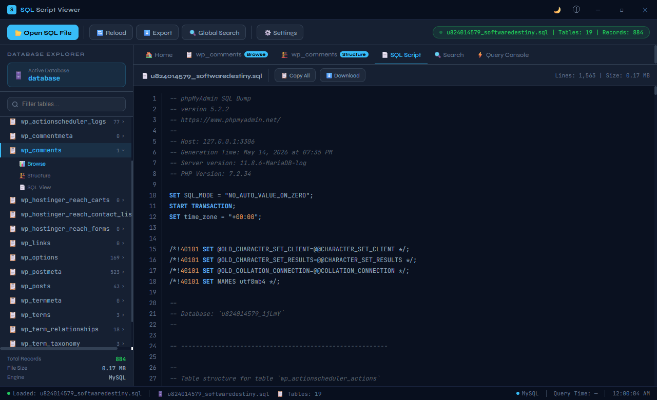 SQL Script Viewer showing an SQL script file open with full syntax highlighting — keywords in blue, strings in green, comments in grey — and line numbers in the gutter