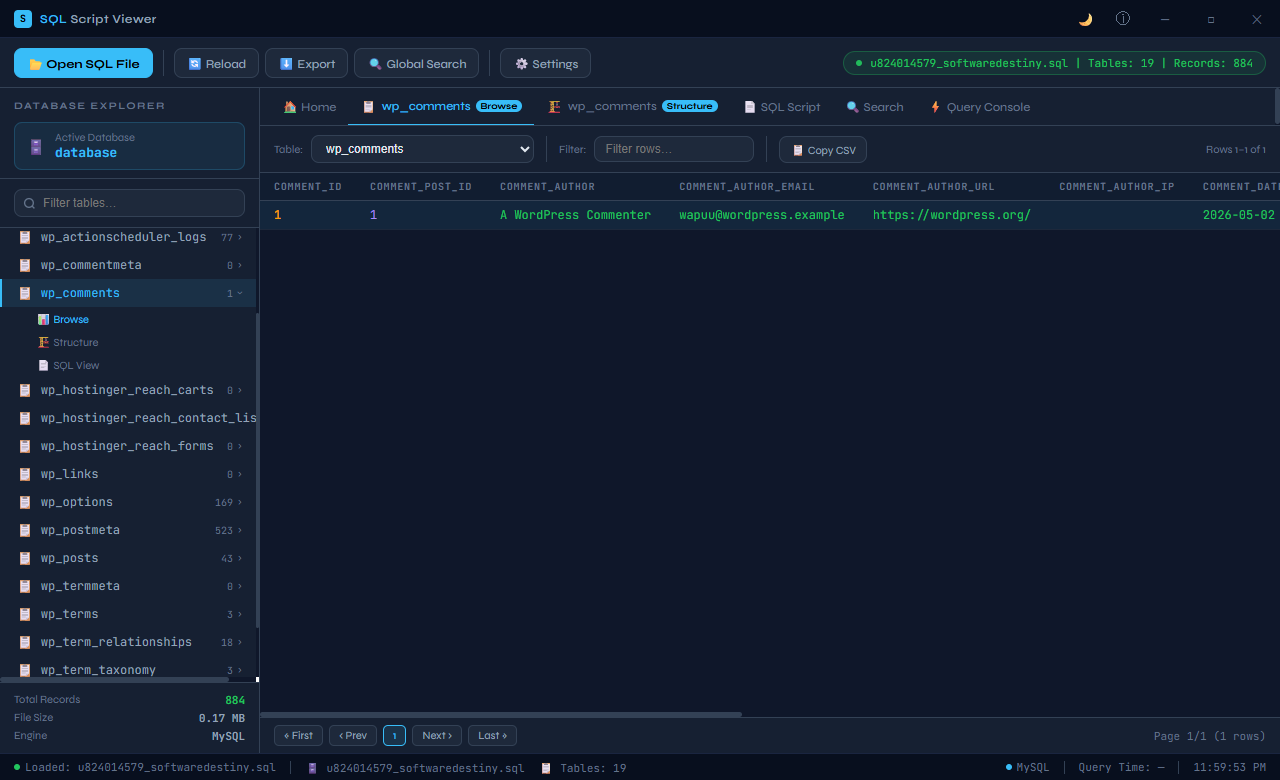 SQL Script Viewer tables browser panel listing all tables in the open SQLite database in a sidebar, ready to click into for structure and data inspection