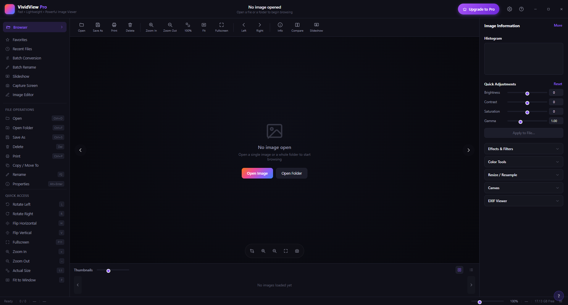 VividView Pro main window in empty state showing full layout with sidebar, toolbar, and image info panel
