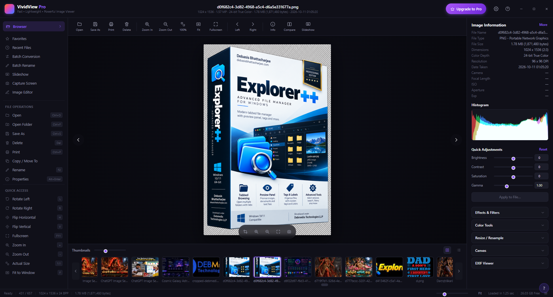 VividView Pro displaying a PNG image with complete EXIF and file info in the right panel
