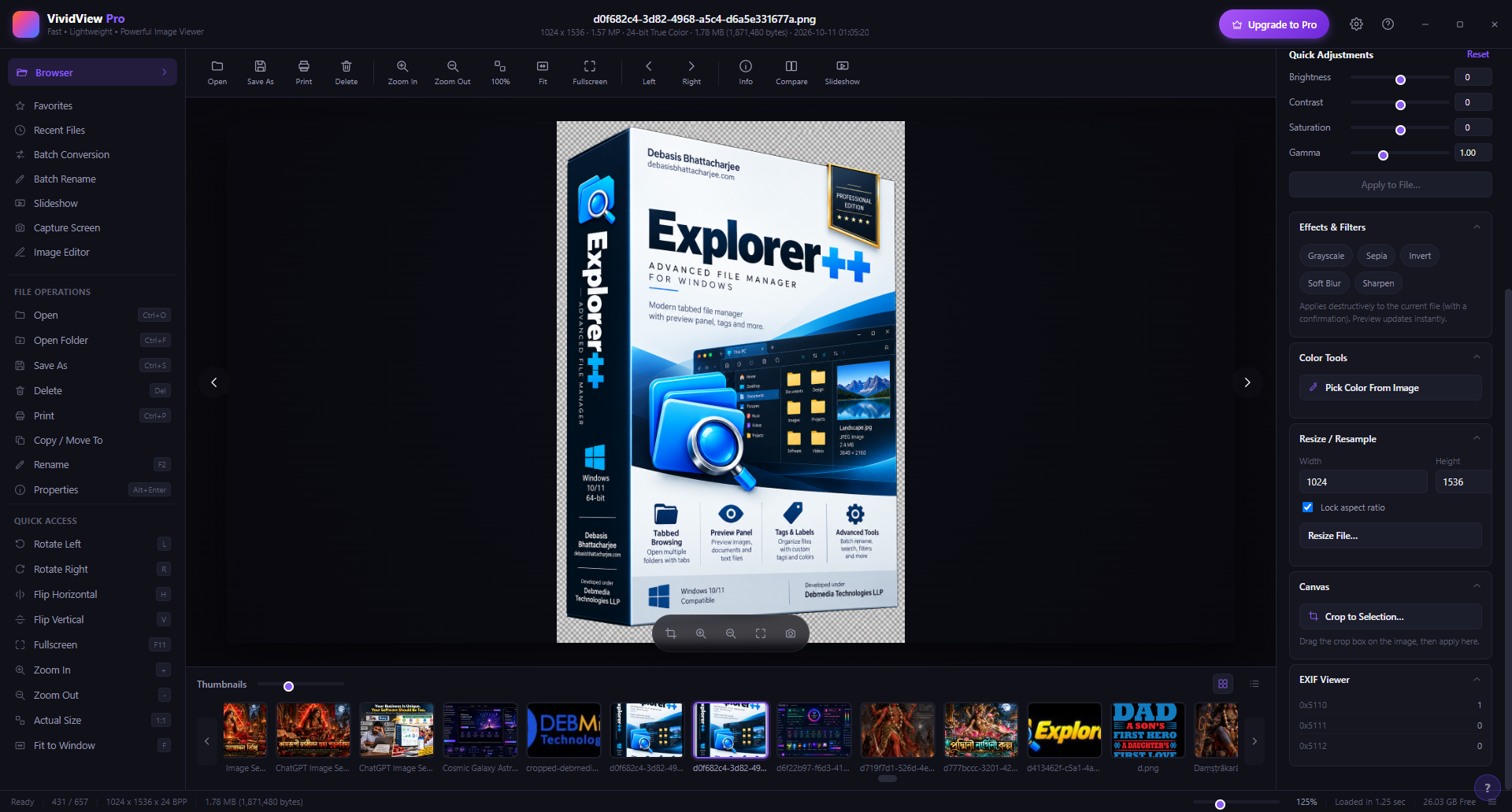 VividView Pro right panel showing Resize/Resample, Canvas crop and EXIF data sections