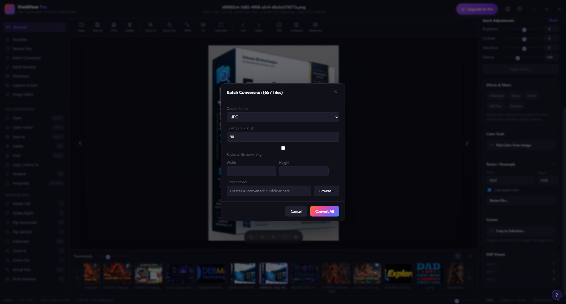 Batch Conversion dialog converting 657 images to JPG with quality and resize settings