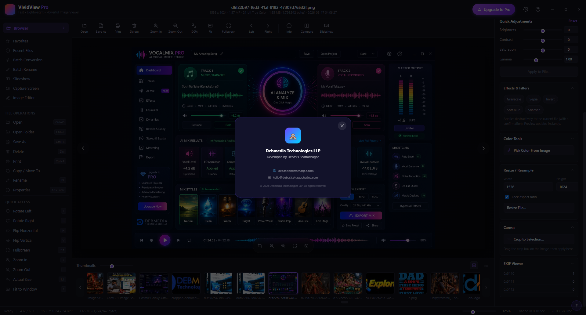 VividView Pro About dialog showing Debmedia Technologies LLP branding and developer info