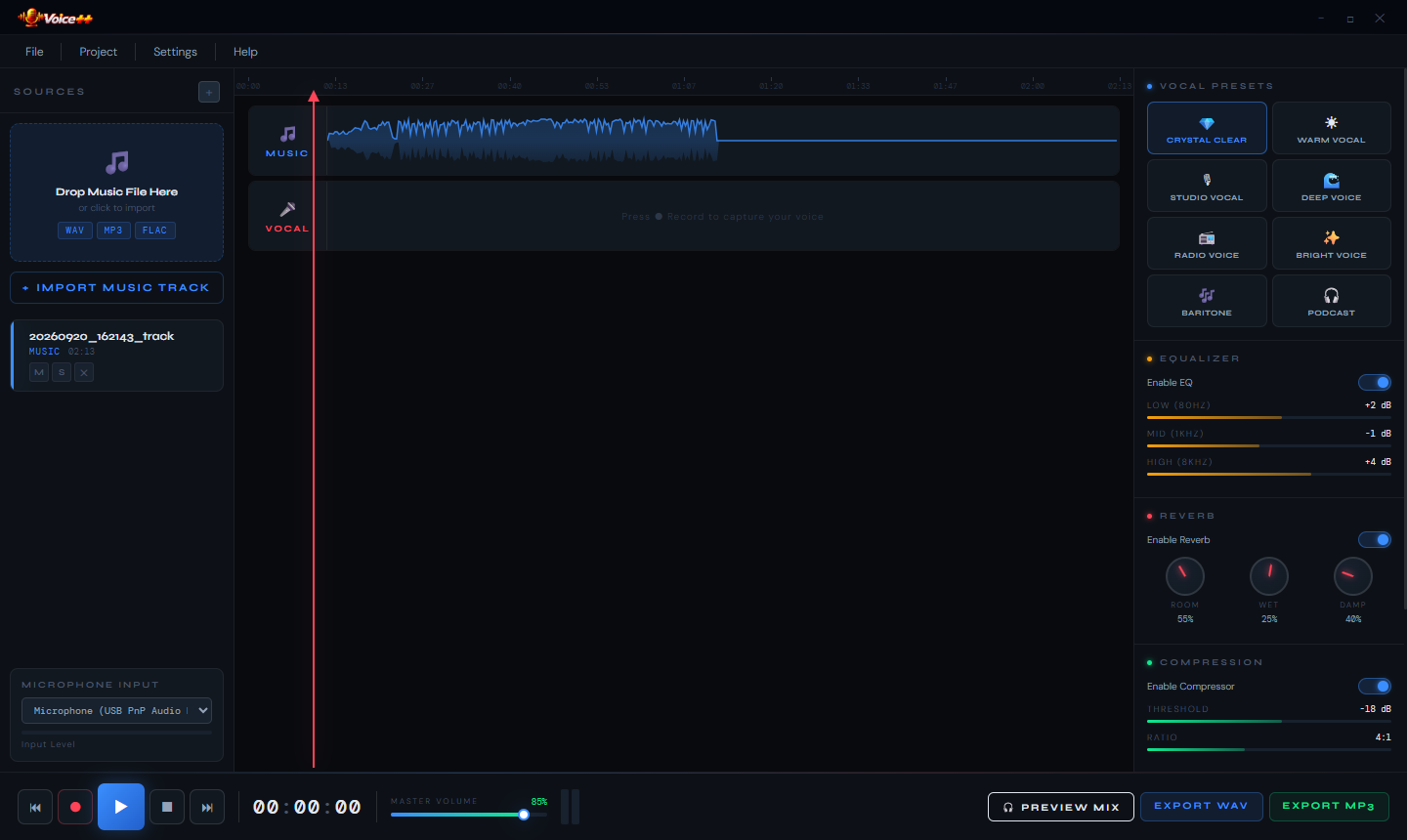 Voice++ with a backing track imported showing a teal audio waveform in the centre workspace and the file listed in the left panel