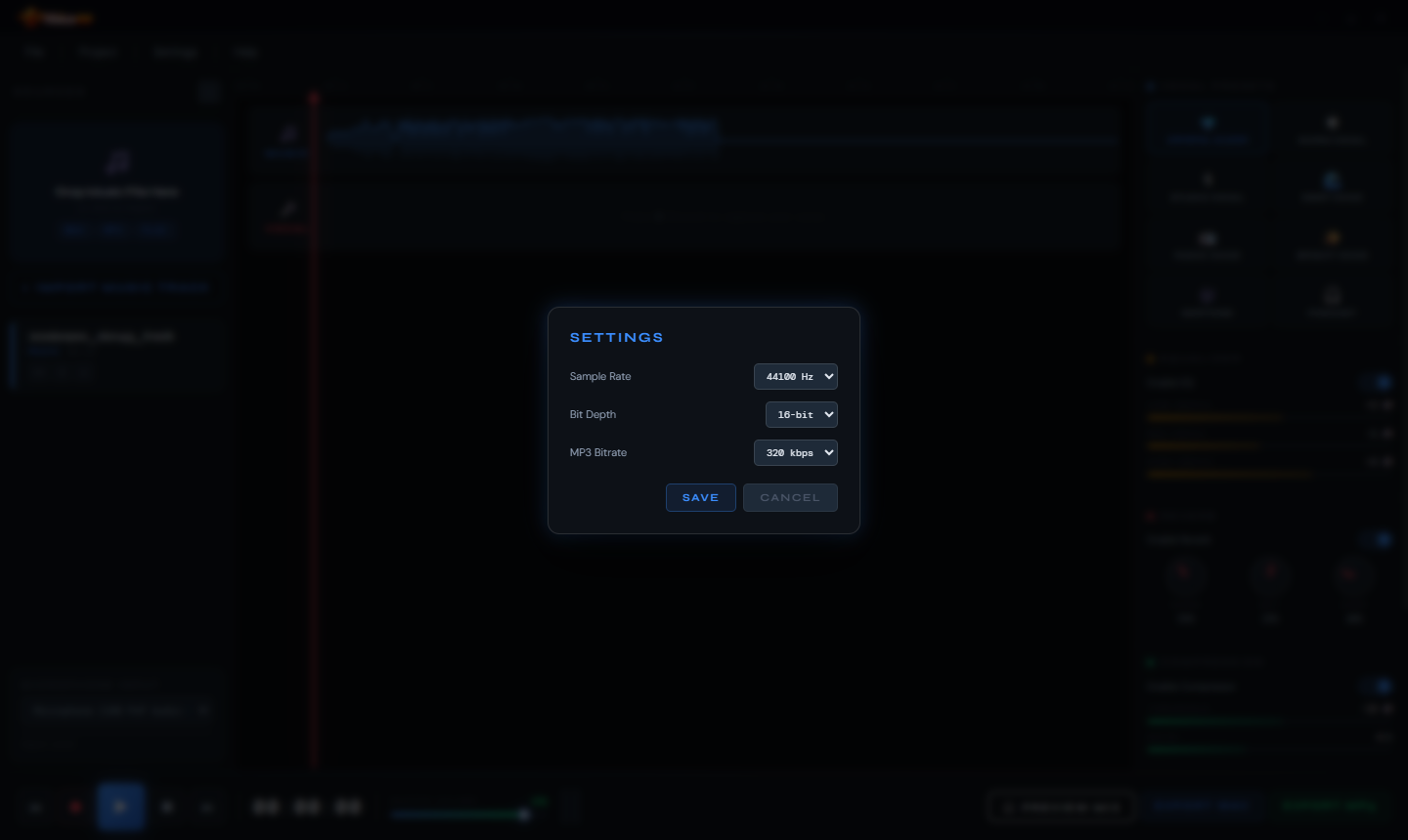 Voice++ Settings dialog confirming 44100 Hz sample rate, 16-bit depth and 320 kbps MP3 bitrate export settings