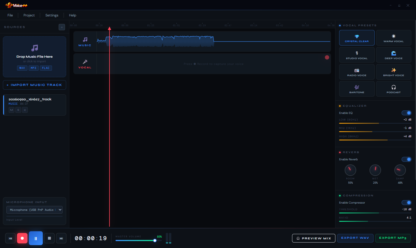 Voice++ during an active recording session showing the backing track waveform, the REC indicator lit, and the timer advancing at 19 seconds
